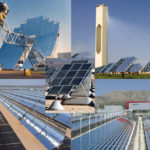 Diferentes tecnologias de energia solar: fotovoltaica (centro), Disco parabólico, Torer solar, Refletores lineares de Fresnel e Coletores cilindro-parabólicos (sentido horário, começando da esquerda superior). Fonte: Wikipedia
