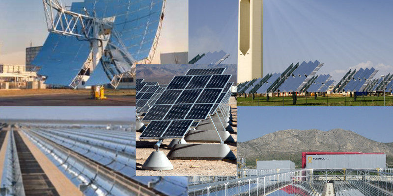 Diferentes tecnologias de energia solar: fotovoltaica (centro), Disco parabólico, Torer solar, Refletores lineares de Fresnel e Coletores cilindro-parabólicos (sentido horário, começando da esquerda superior). Fonte: Wikipedia