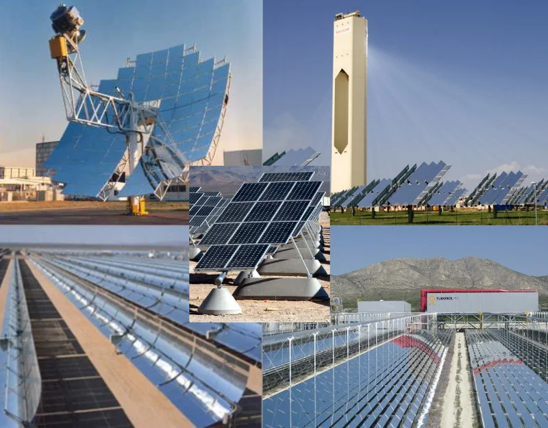 Diferentes tecnologias de energia solar: fotovoltaica (centro), Disco parabólico, Torer solar, Refletores lineares de Fresnel e Coletores cilindro-parabólicos (sentido horário, começando da esquerda superior). Fonte: Wikipedia