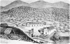 Litografia com as duas igrejas do Arraial: Santo Antônio (direita) e a nova, com duas torres e inacabada. D. Urpia (1897)