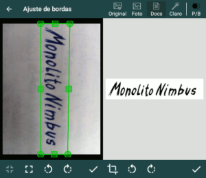 Telas com exemplo de documento sendo fotografado, selecionado e tratado no aplicativo