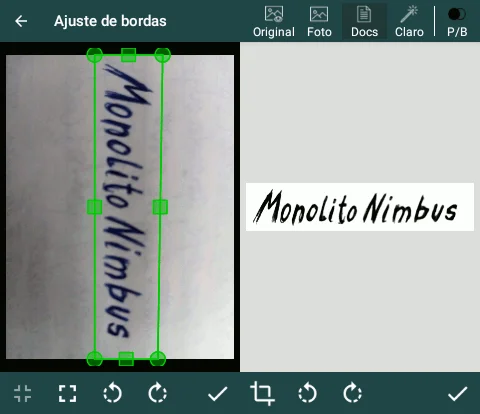 Telas com exemplo de documento sendo fotografado, selecionado e tratado no aplicativo