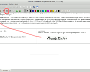 Tela do Xournal com documento PDF sendo editado. As setas vermelhas destacam os respectivos ícones para inserção de texto e de imagem. O ícone em destaque permite selecionar uma área e movimentar seus elementos.