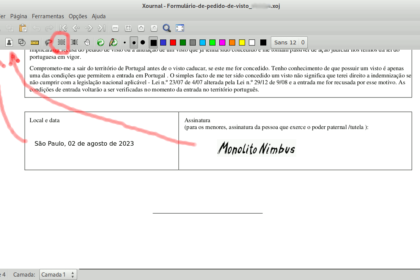 Tela do Xournal com documento PDF sendo editado. As setas vermelhas destacam os respectivos ícones para inserção de texto e de imagem. O ícone em destaque permite selecionar uma área e movimentar seus elementos.