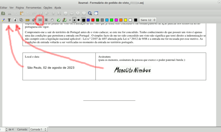 Tela do Xournal com documento PDF sendo editado. As setas vermelhas destacam os respectivos ícones para inserção de texto e de imagem. O ícone em destaque permite selecionar uma área e movimentar seus elementos.
