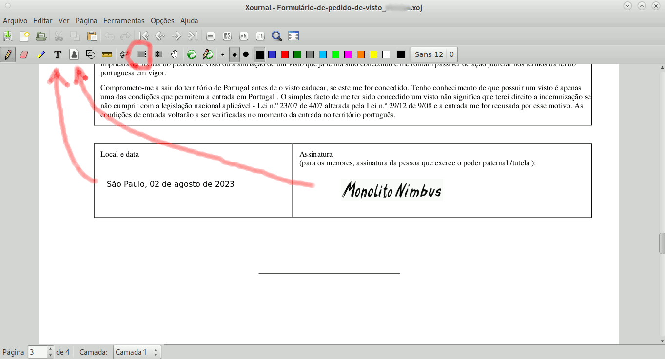 Tela do Xournal com documento PDF sendo editado. As setas vermelhas destacam os respectivos ícones para inserção de texto e de imagem. O ícone em destaque permite selecionar uma área e movimentar seus elementos.
