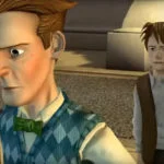 Jovem Emmett e Marty em frente ao tribunal