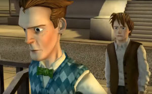 Jovem Emmett e Marty em frente ao tribunal