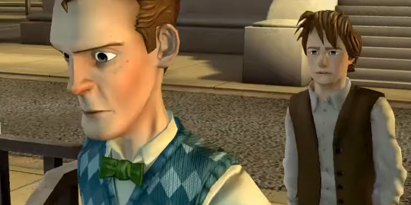 Jovem Emmett e Marty em frente ao tribunal