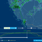 Rota do voo CP5763 até o momento em que começou a turbulência mais forte. Fonte: Flight Aware