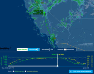 Rota do voo CP5763 até o momento em que começou a turbulência mais forte. Fonte: Flight Aware