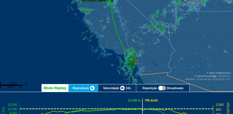 Rota do voo CP5763 até o momento em que começou a turbulência mais forte. Fonte: Flight Aware