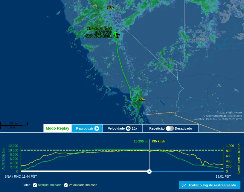 Rota do voo CP5763 até o momento em que começou a turbulência mais forte. Fonte: Flight Aware