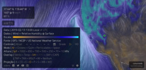 Imagem em superfície de ventos e umidade - localização aproximada no círculo verde. Fonte: Earth NullSchool