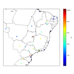 Exemplo de mapa com valores de altitude (em escala de cores) dos pontos informados