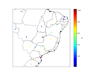Exemplo de mapa com valores de altitude (em escala de cores) dos pontos informados