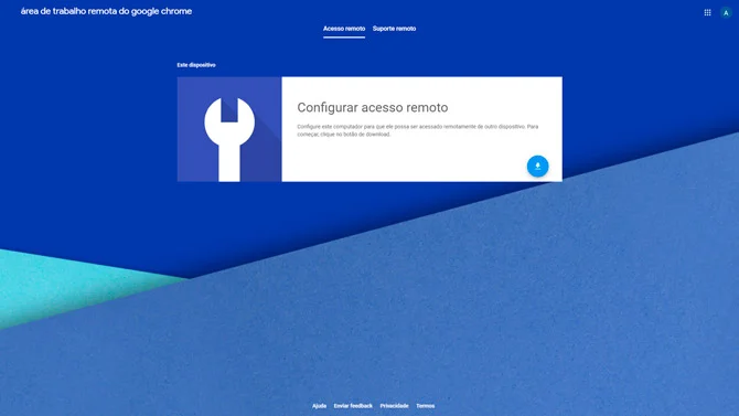 Tela de acesso remoto do Remote Desktop do Google Chrome
