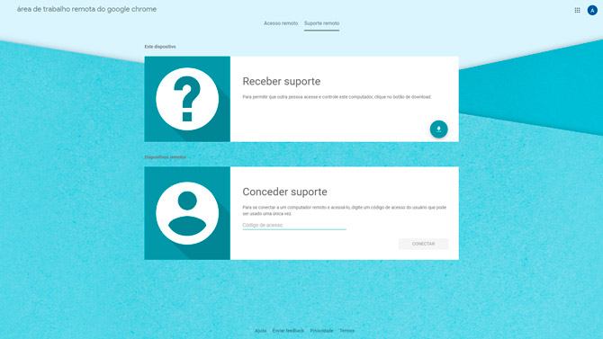 Tela de suporte remoto do Remote Desktop do Google Chrome