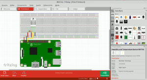 Tela do Fritzing com simulação de circuito contendo Raspberry Pi e DHT22