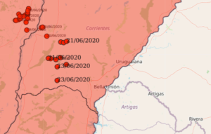 Localizações relatadas da nuvem de gafanhotos de maio/junho de 2020. Fonte: Senasa