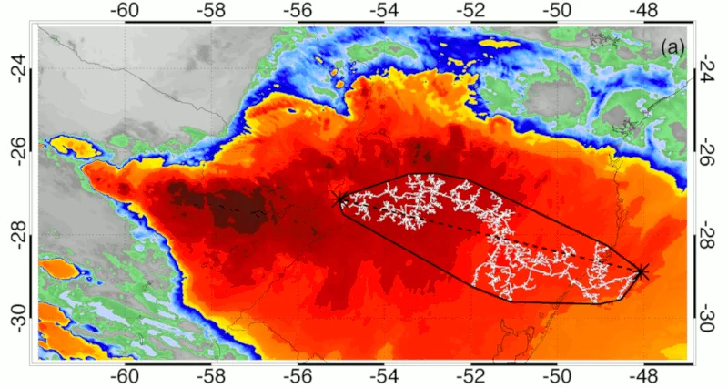 Imagem de satélite com extensão recorde do relâmpago, Brasil, 31 de outubro de 2018