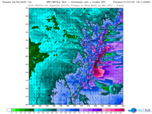 Previsão de vento máximo para às 10h da manhã do dia 1 de julho de 2020. Fonte: MetSul
