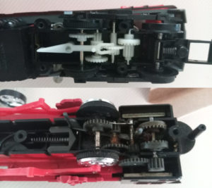 Engrenagens das locomotivas elétrica e à vapor, respectivamente. Fotos: ViniRoger