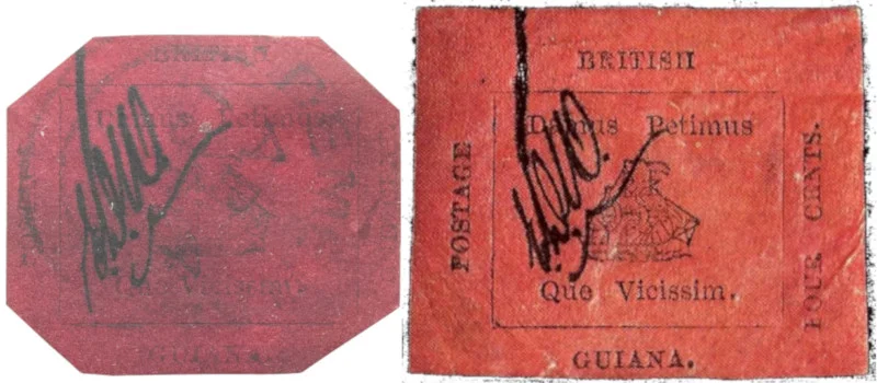 Selos de 1 e 4 centavos da Guiana. Fonte: Wikipedia
