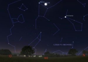 Imagem do software Stellarium indicando a região do céu onde será visível o cometa Neowise