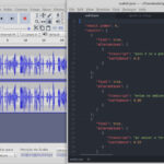 Arquivo de áudio aberto no Audacity e arquivo JSON gerado com API de transcrição