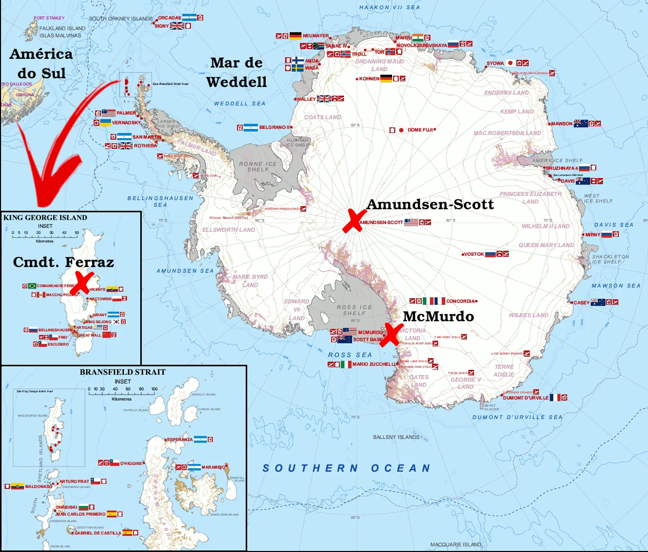 Mapa da Antártida, com destaque para o Mar de Weddel, base Comandante Ferraz na Ilha Rei George, base McMurdo e base Amundsen-Scott, no polo sul geográfico. Adaptado de Wikipedia