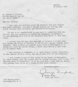 Carta convite enviada a Villela pelo Almirante George Dufek em 1960