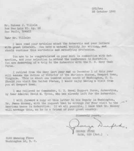 Carta convite enviada a Villela pelo Almirante George Dufek em 1960