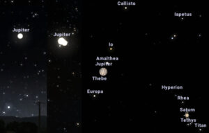 Três imagens com diferentes campos de visão (FOV 34.3°, 4.93° e 0.194°) por volta de 18:10 (hora local de Maceió). Fonte: Stellarium