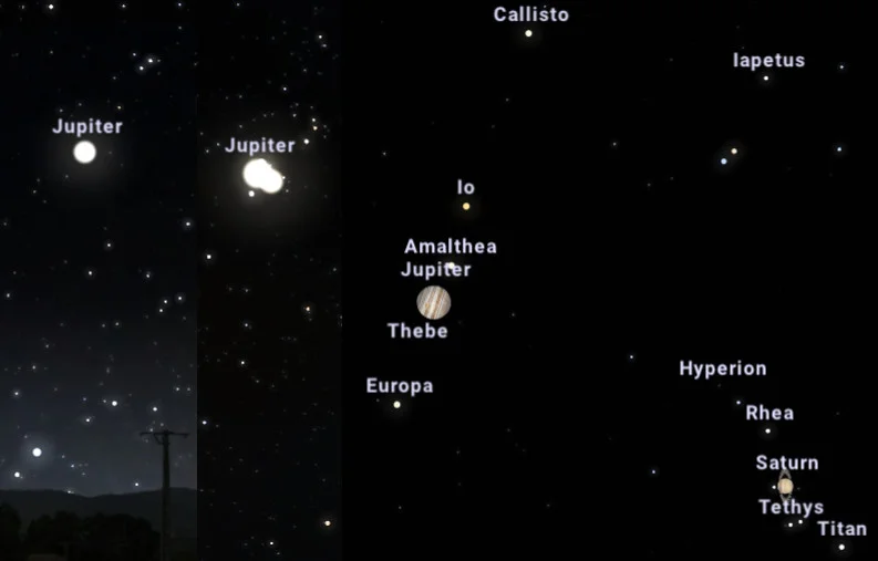 Três imagens com diferentes campos de visão (FOV 34.3°, 4.93° e 0.194°) por volta de 18:10 (hora local de Maceió). Fonte: Stellarium