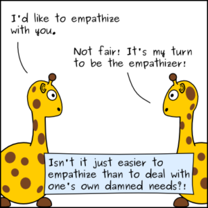 "Eu gostaria de ter empatia com você", "Não é justo! É a minha vez de ser o empatizador!", "Não é mais fácil ter empatia do que lidar com as próprias necessidades malditas?". Fonte: ANVC (Almost Nonviolent Communication) Cartoons