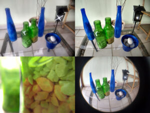 Fotos tiradas com um celular Moto g7: filtro estrela, olho de peixe, grande angular e macro (em sentido horário). Fotos: ViniRoger