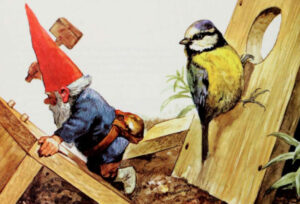 Gnomo construindo casa para pássaro - ilustração do livro "Gnomos"