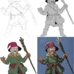 Ilustração do Skorlun, um gnomo druida: rascunho, linhas, colorido e pintado. Arte: Vinski