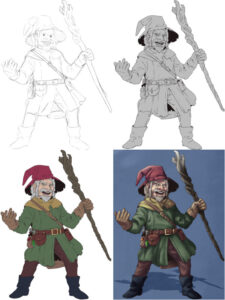 Ilustração do Skorlun, um gnomo druida: rascunho, linhas, colorido e pintado. Arte: Vinski