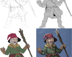Ilustração do Skorlun, um gnomo druida: rascunho, linhas, colorido e pintado. Arte: Vinski