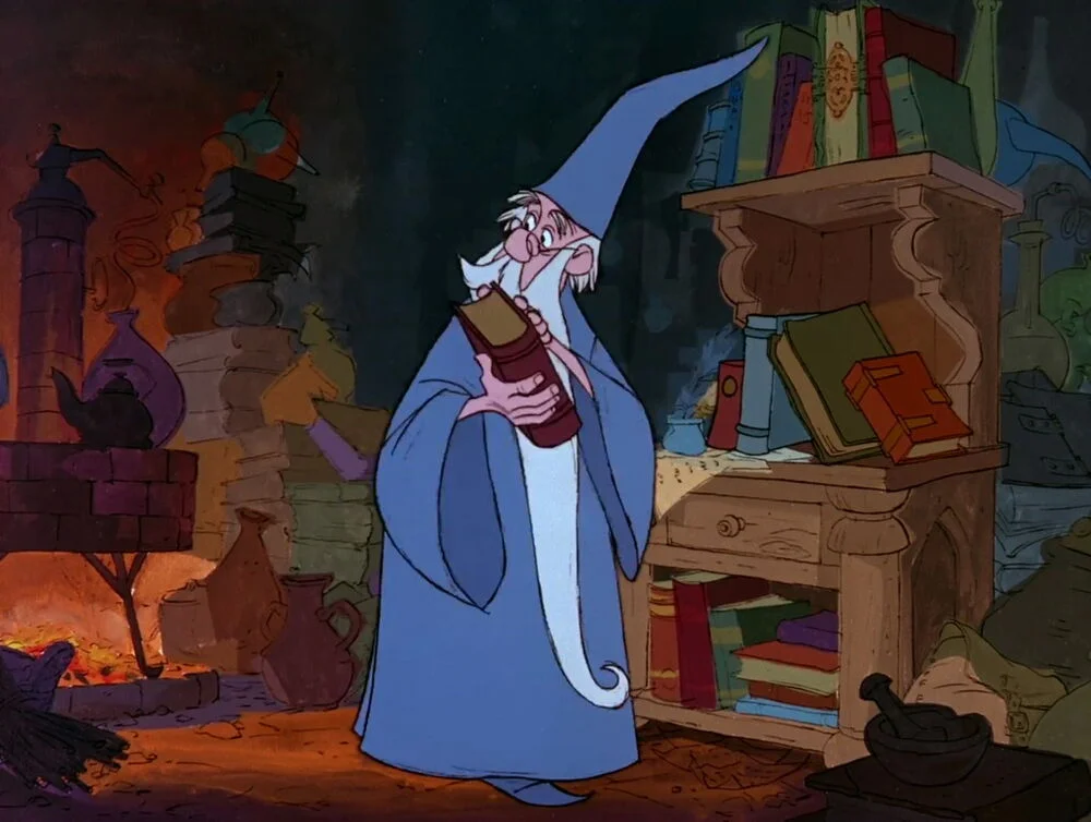 Representação do mago Merlin no desenho A Espada era a Lei (1963). Fonte Disney Fandom