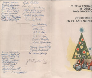 Cartão de natal com a assinatura dos 35 alunos, níveis universitário e técnico