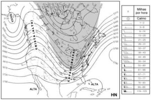 Carta sinótica das isolinhas de altura da superfície de 500 hPa. Fonte: Apostila da Prof. Alice Grimm