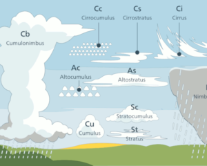Ilustração com os gêneros de nuvens e posições relativas. Fonte: Wikipedia