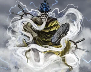 Enlil (da mitologia mesopotâmica) era o deus do tempo, que podia ter visões do mundo e dos humanos com as correntes de vento. Fonte: Aeromancy - SuperpowerWiki/Fandom
