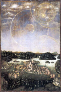 Vädersolstavlan (Pintura dos Cães do Sol), pintura de Urban Larsson (1535, original mas que não existe mais) e Jacob Heinrich Elbfas (1536, cópia atual). Fonte: Wikipedia