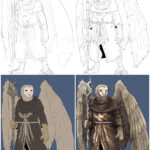 Ilustração do Urk, um aarakocra clérigo: rascunho, linhas, colorido e pintado. Arte: Vinski