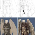 Ilustração do Urk, um aarakocra clérigo: rascunho, linhas, colorido e pintado. Arte: Vinski