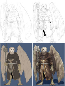 Ilustração do Urk, um aarakocra clérigo: rascunho, linhas, colorido e pintado. Arte: Vinski